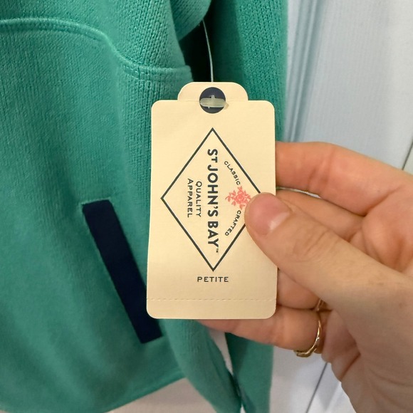 NWT St Johns Bay Women Petite Lg Pullover Fleece Sweatshirt Green Blue Snap Neck - Picture 6 of 14